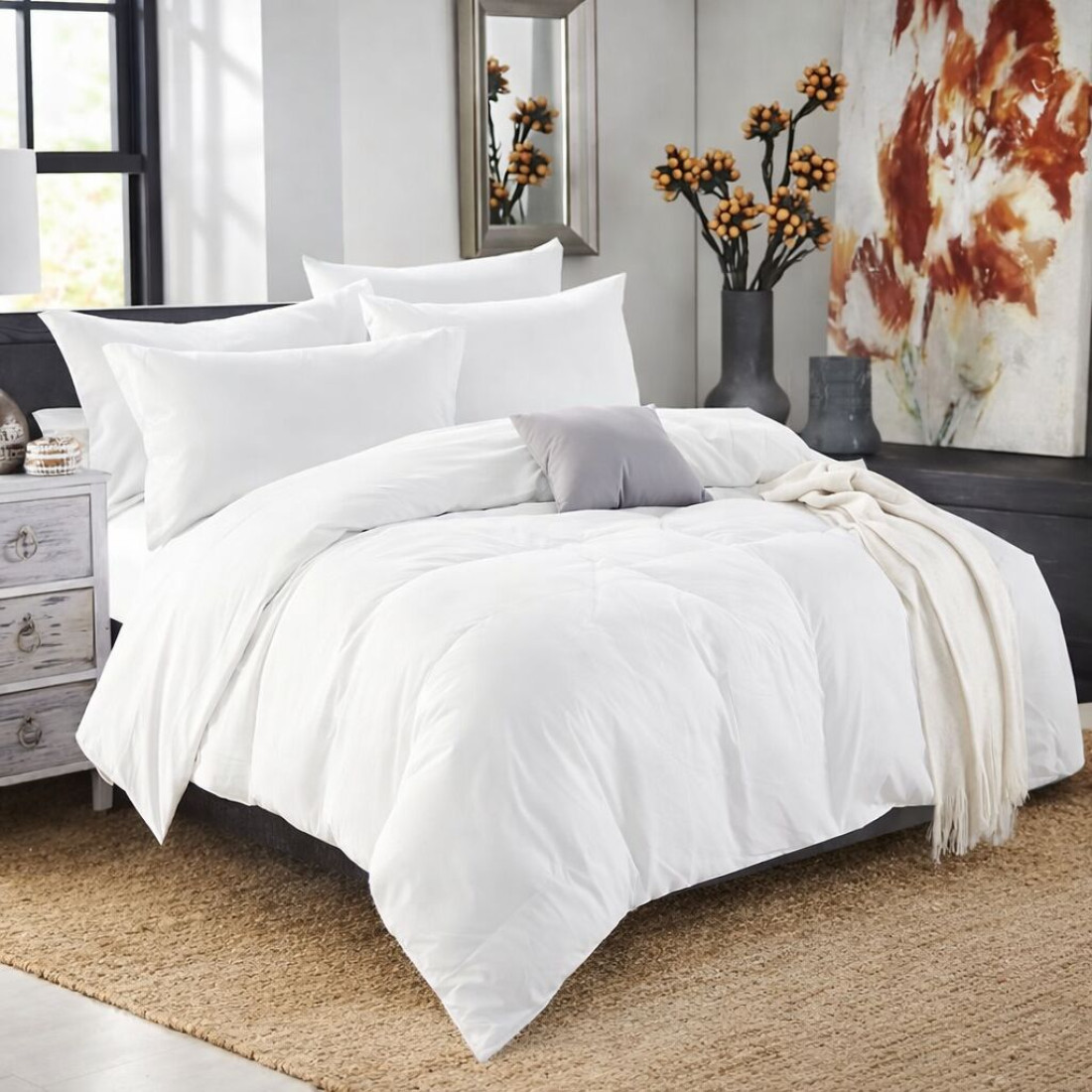 Lenjerie alba pat dublu 6 piese, Bumbac, Cearceaf pat 250x250 cm, Husa pilota 200 x 230 cm, 4 Fete de perna 50x80 cm