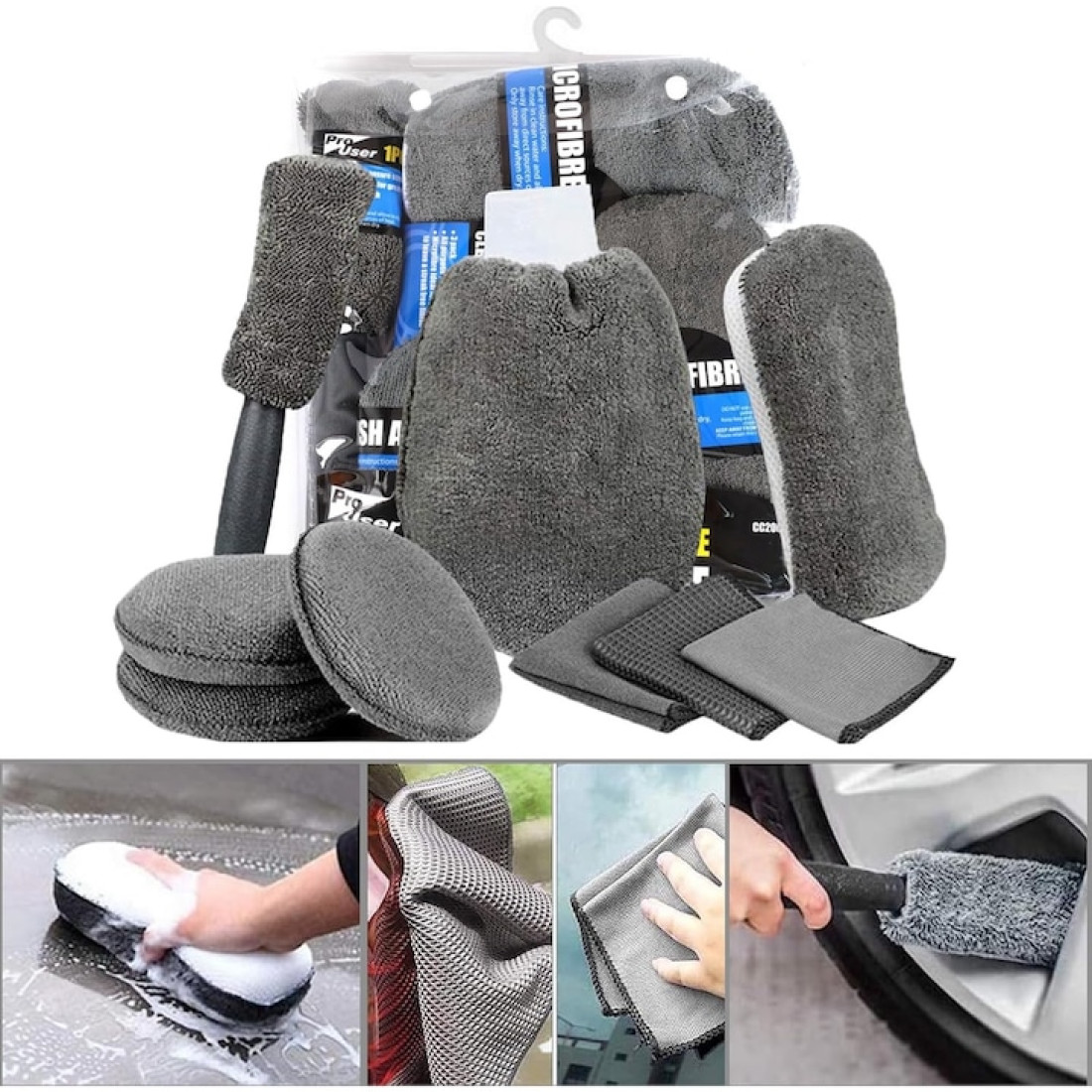 Set profesional de curatare si detailing auto, 9 piese, interior si exterior, manusa, burete dublu, 3 lavete, 3 piese pentru lustruire, microfibra, gri
