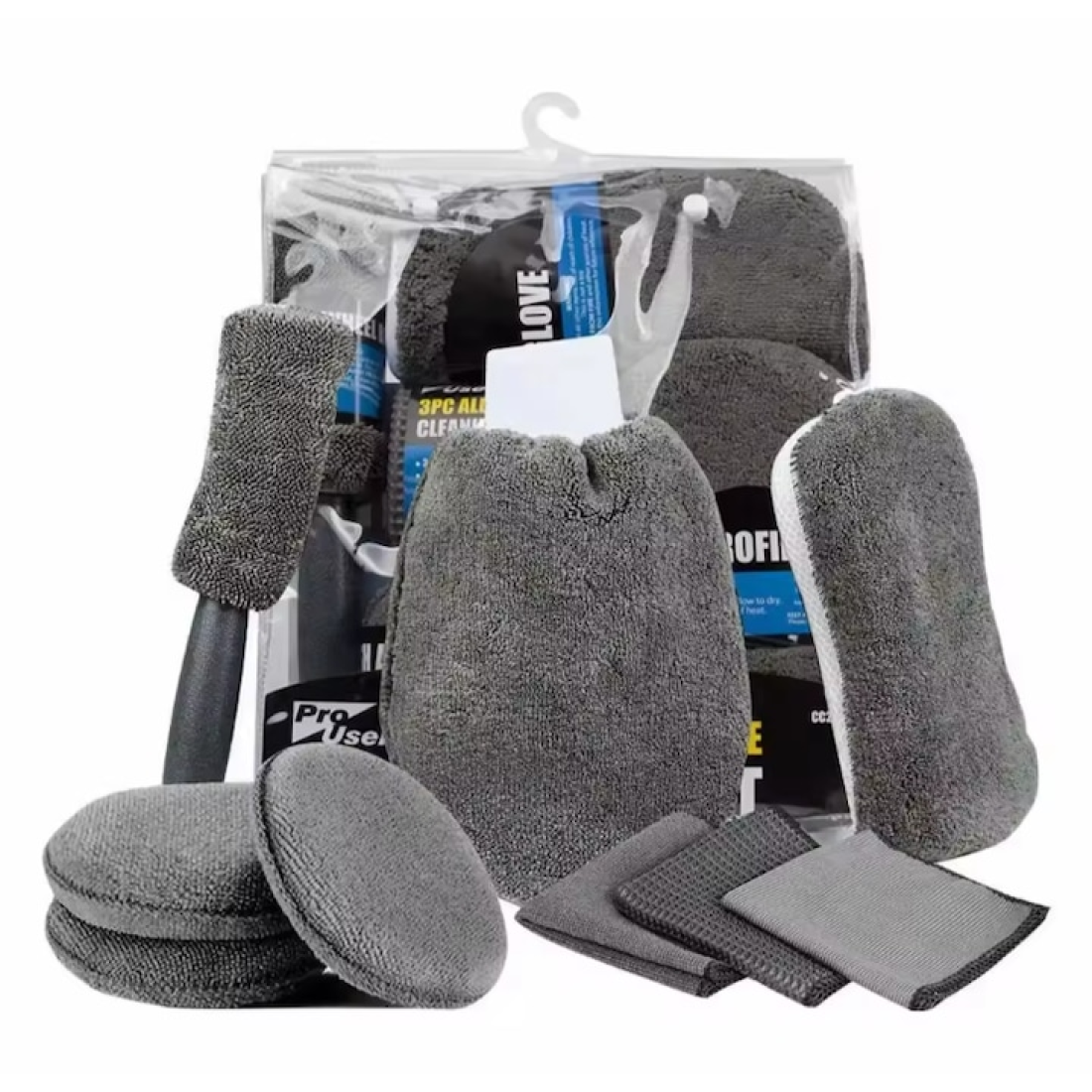 Set profesional de curatare si detailing auto, 9 piese, interior si exterior, manusa, burete dublu, 3 lavete, 3 piese pentru lustruire, microfibra, gri