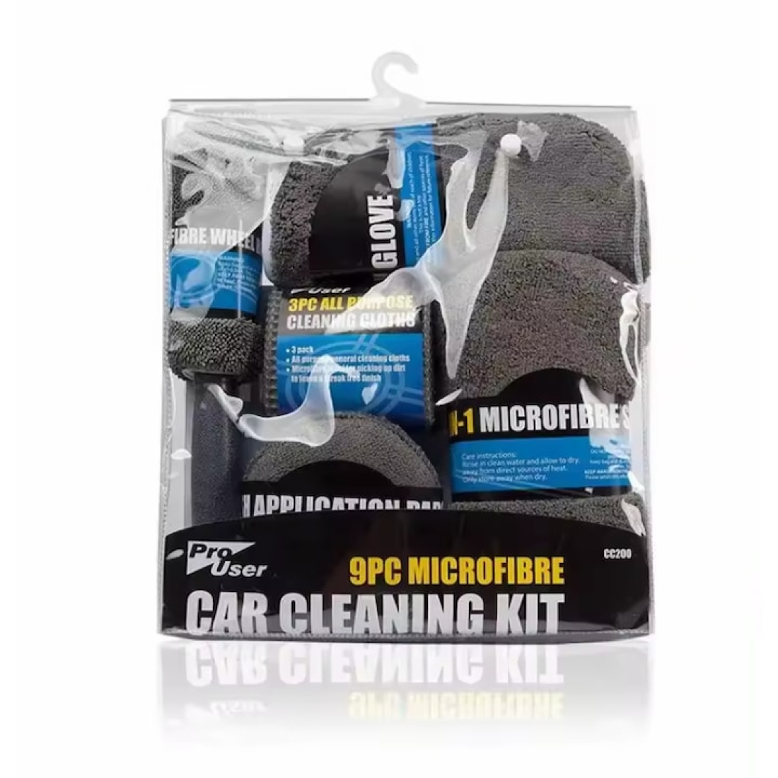 Set profesional de curatare si detailing auto, 9 piese, interior si exterior, manusa, burete dublu, 3 lavete, 3 piese pentru lustruire, microfibra, gri