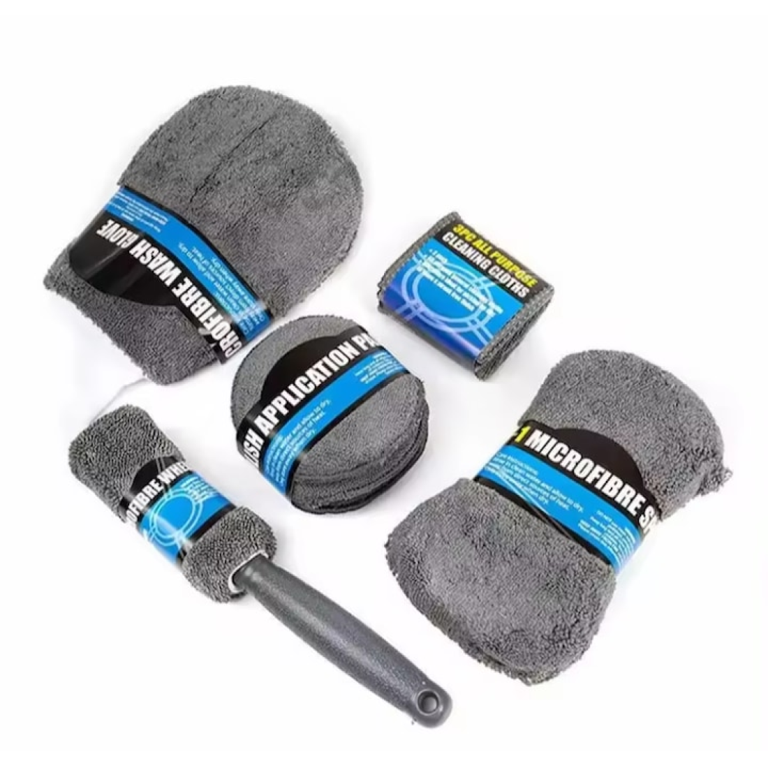 Set profesional de curatare si detailing auto, 9 piese, interior si exterior, manusa, burete dublu, 3 lavete, 3 piese pentru lustruire, microfibra, gri