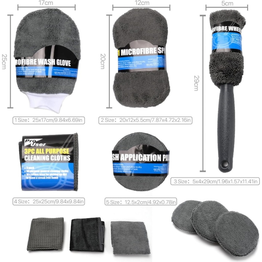 Set profesional de curatare si detailing auto, 9 piese, interior si exterior, manusa, burete dublu, 3 lavete, 3 piese pentru lustruire, microfibra, gri