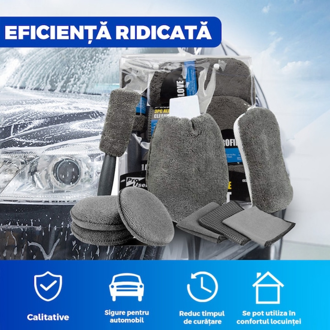Set profesional de curatare si detailing auto, 9 piese, interior si exterior, manusa, burete dublu, 3 lavete, 3 piese pentru lustruire, microfibra, gri