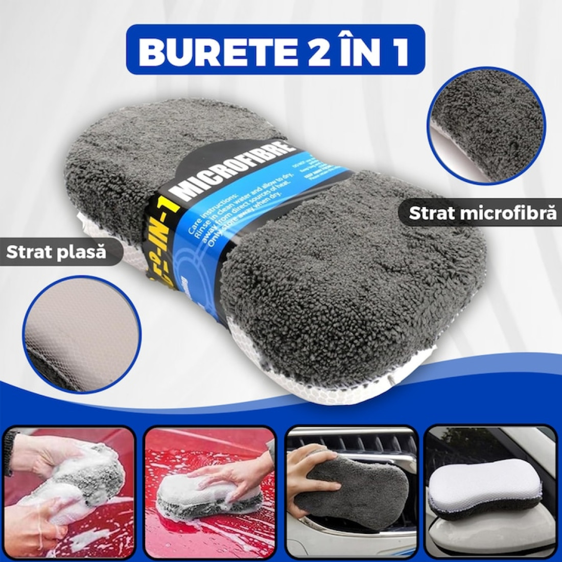 Set profesional de curatare si detailing auto, 9 piese, interior si exterior, manusa, burete dublu, 3 lavete, 3 piese pentru lustruire, microfibra, gri