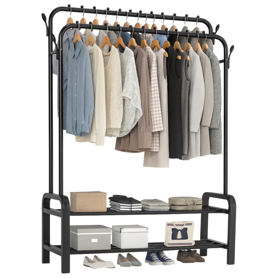 Suport dublu pentru haine multifunctional, negru, metal, sustine pana la 60kg, 110x57x150 cm