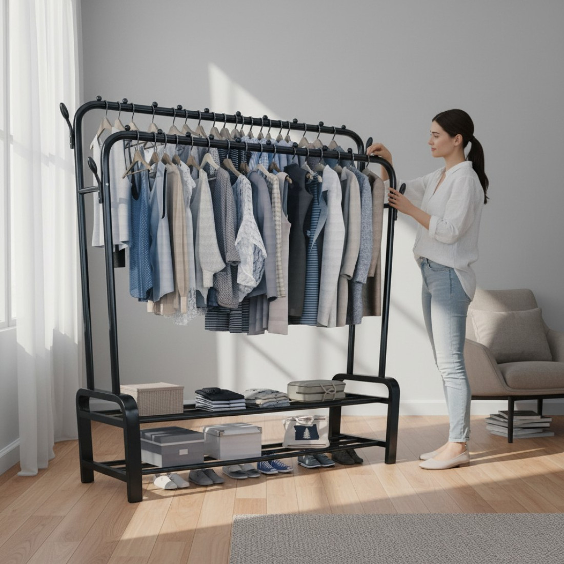 Suport dublu pentru haine multifunctional, negru, metal, sustine pana la 60kg, 110x57x150 cm