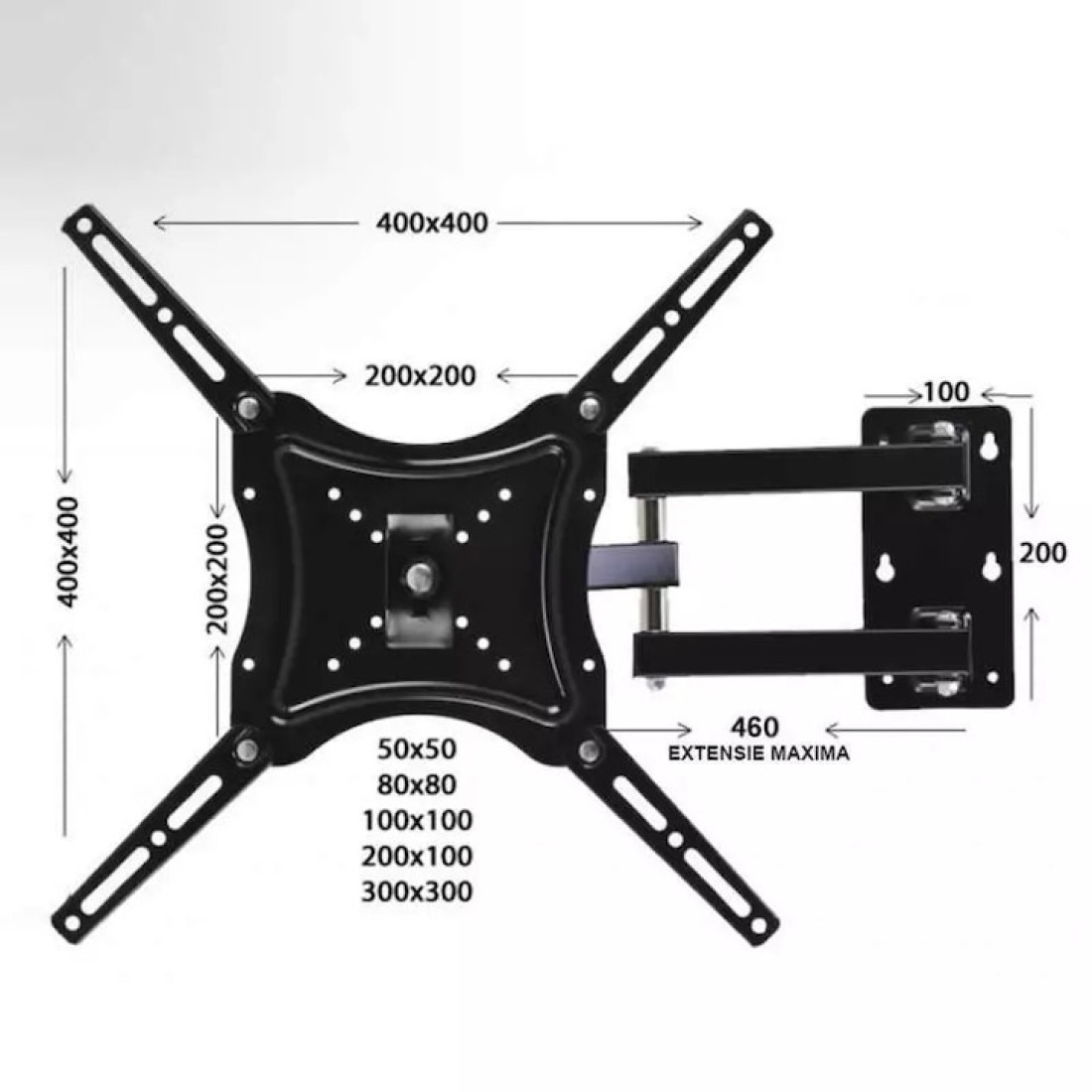 Suport universal TV de perete fix RTS-117B-2, Diagonala ecran: 14" - 55" (35 - 140cm), Inclinare reglabila -15°/+15° grade, Instalare Usoara, Negru