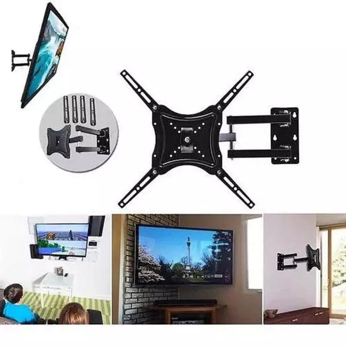 Suport universal TV de perete fix RTS-117B-2, Diagonala ecran: 14" - 55" (35 - 140cm), Inclinare reglabila -15°/+15° grade, Instalare Usoara, Negru