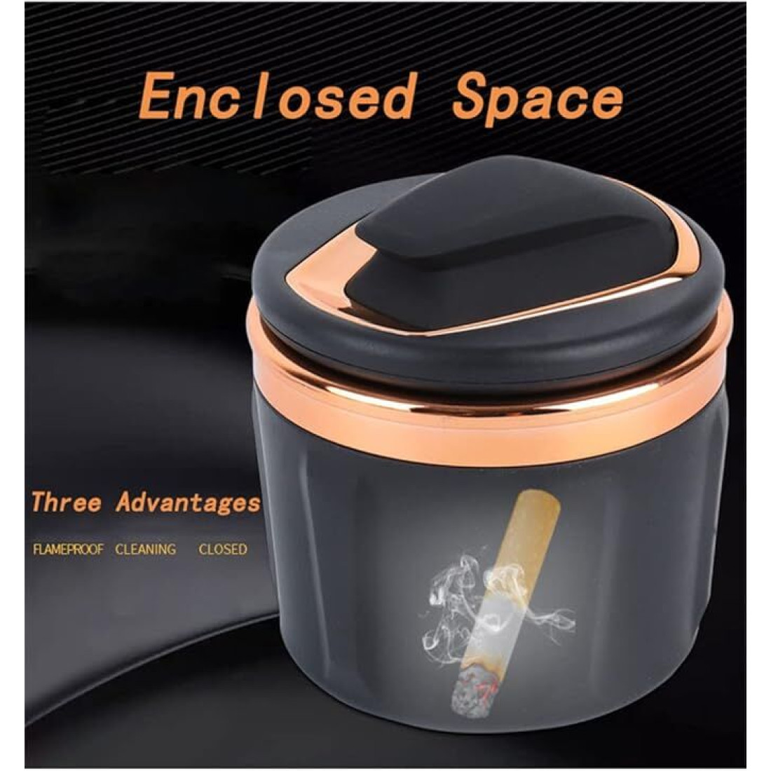 Scrumiera auto eleganta, interior ceramic, Copper, iluminare LED, usor de curatat, 7x7 cm