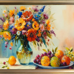 TABLOU NATURA STATICA ARANJAMENT FLORAL CU FRUCTE 40 X 50 CM