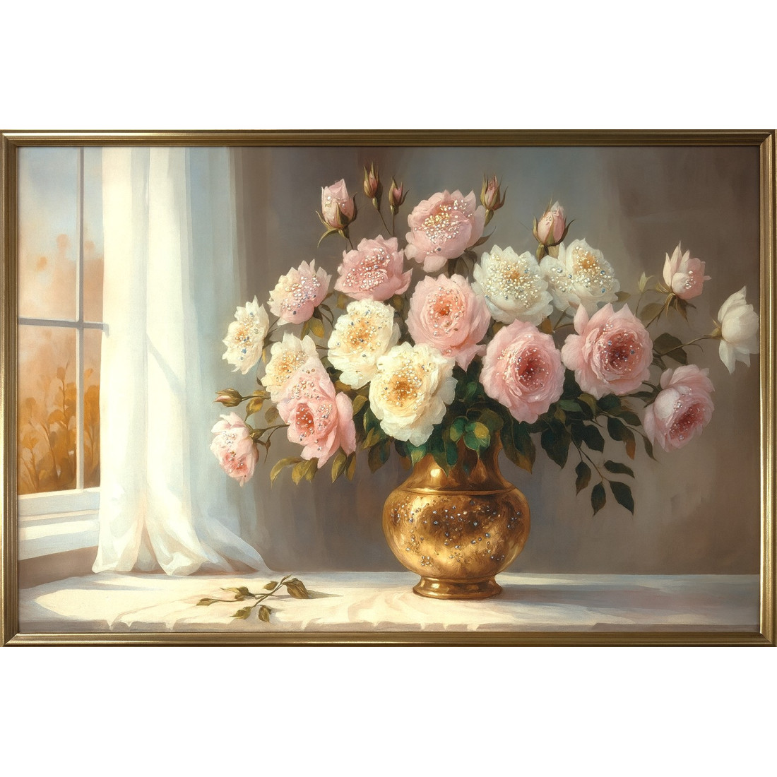 TABLOU DECORATIV VAZA CU FLORI ALBE SI ROZE 60x80CM