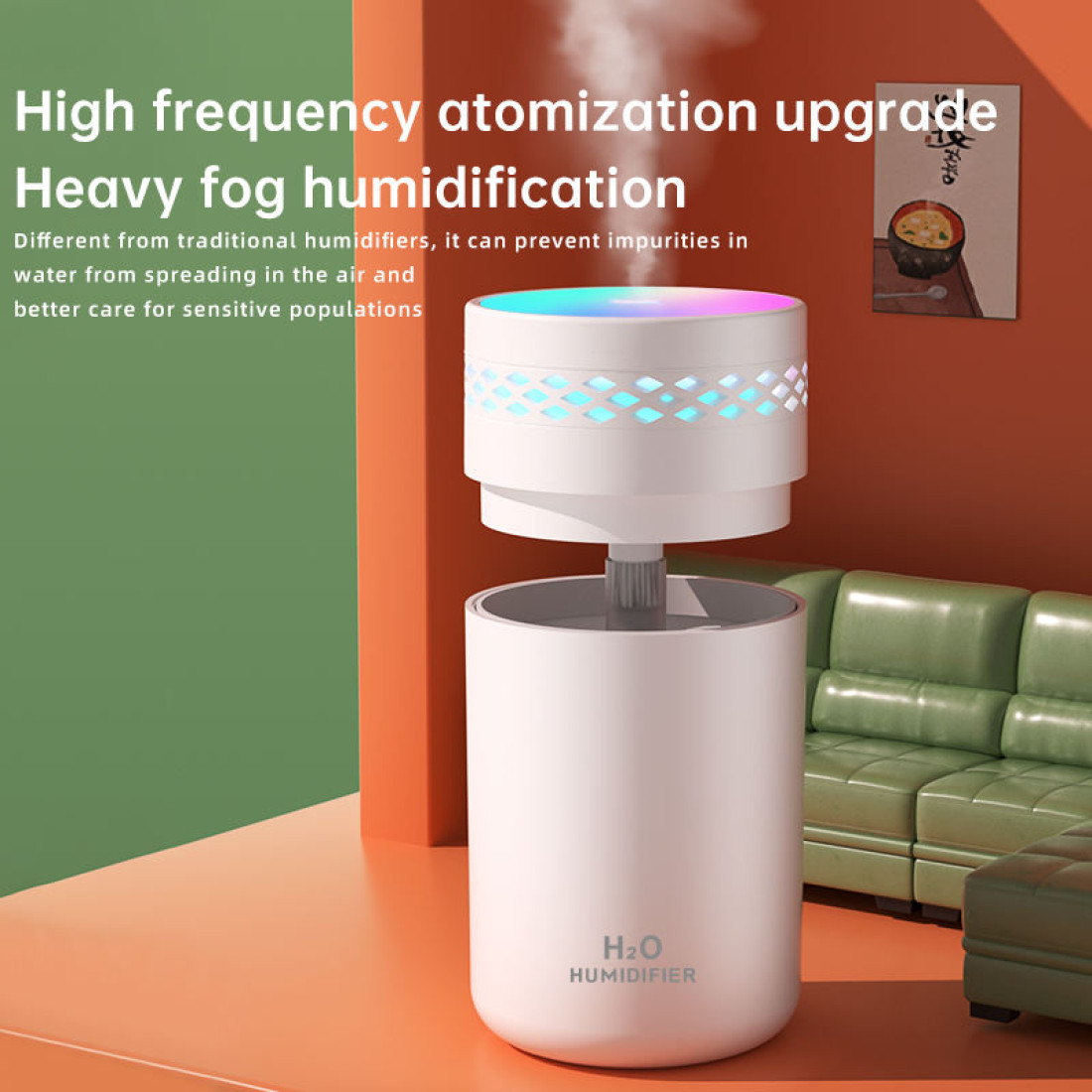 Umidificator portabil roz, 260mL, cu alimentare USB, lumini LED colorate