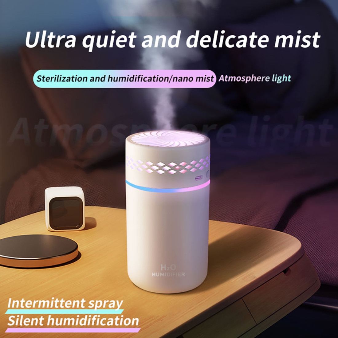 Umidificator portabil roz, 260mL, cu alimentare USB, lumini LED colorate