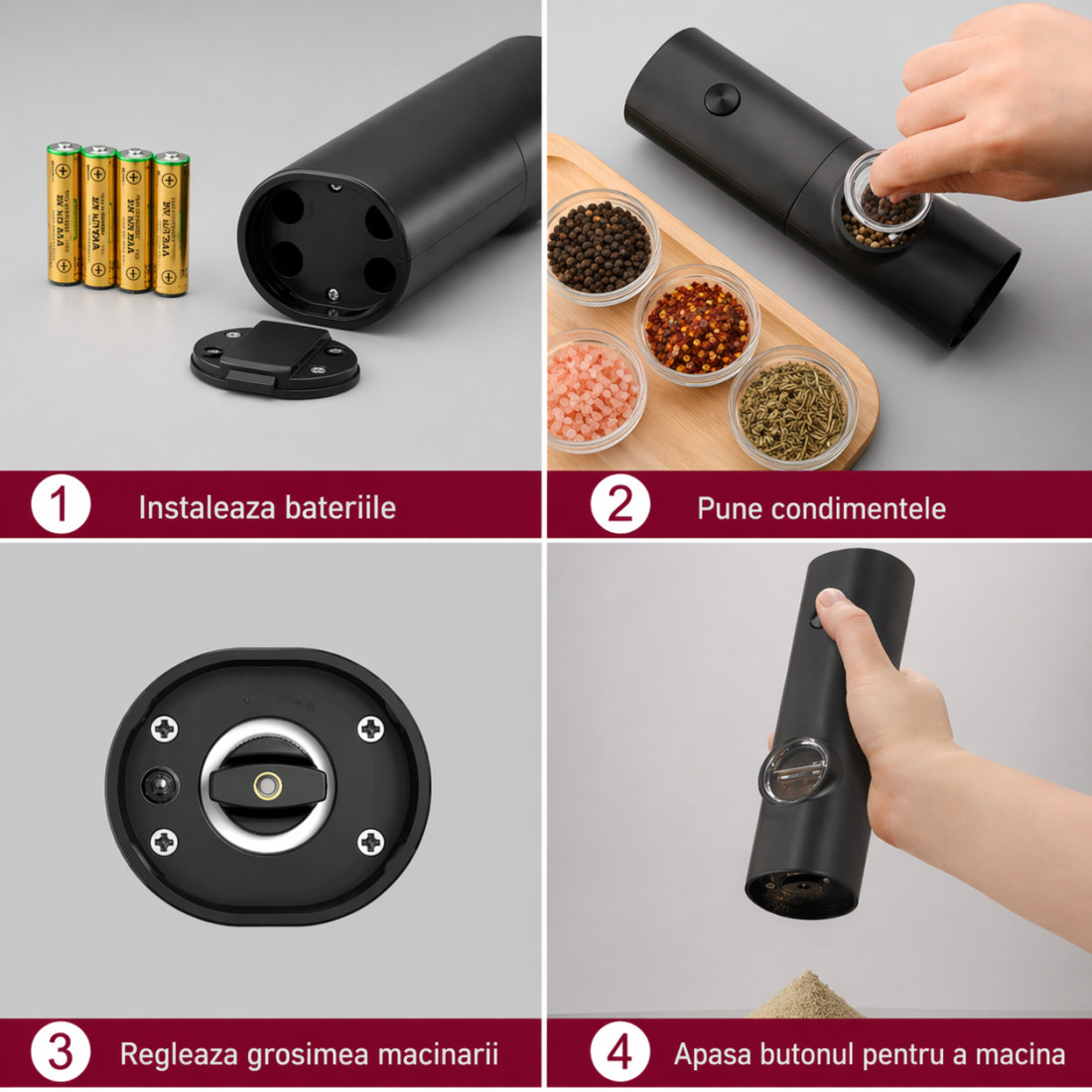 Rasnita electrica, pentru sare, piper si alte condimente, grosime reglabila, functionare pe baterii, zgomot redus