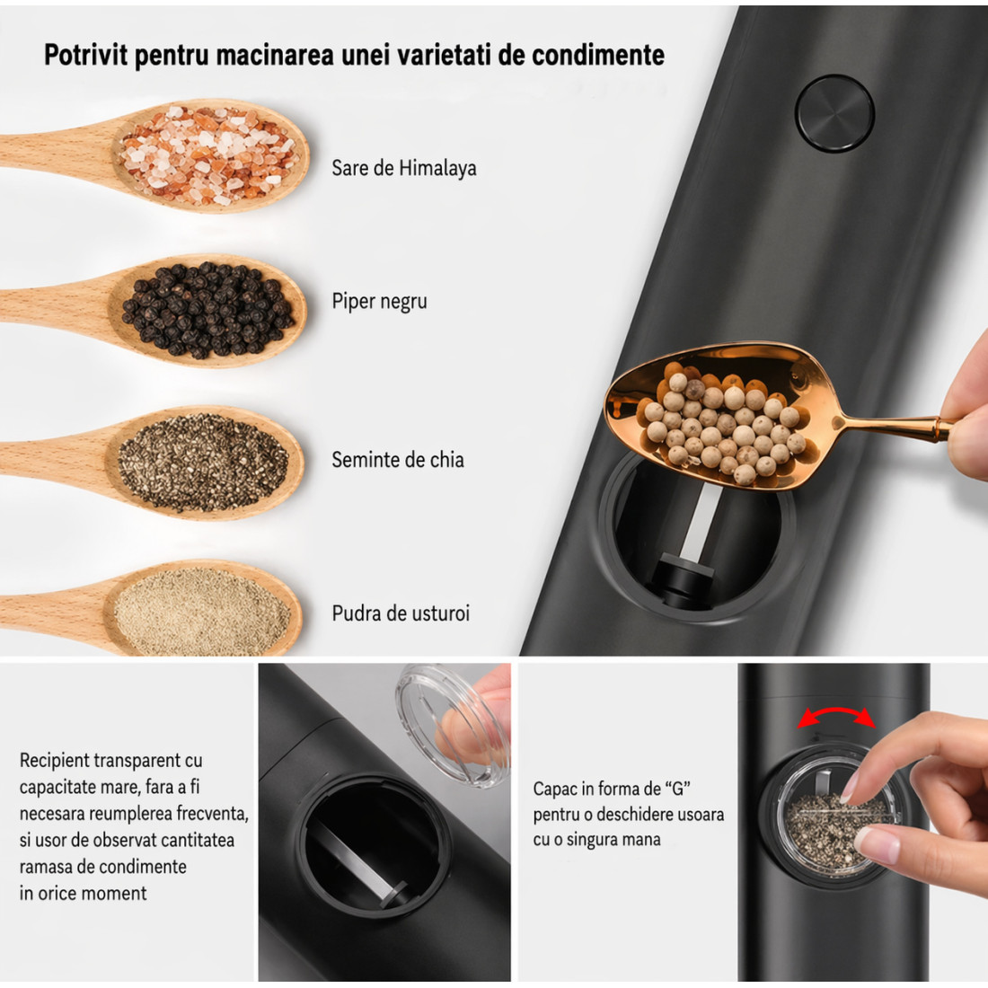 Rasnita electrica, pentru sare, piper si alte condimente, grosime reglabila, functionare pe baterii, zgomot redus