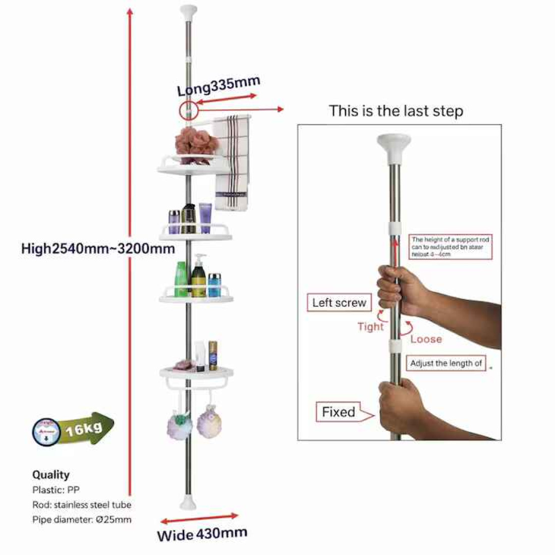 Etajera colt cu 4 rafturi, inaltime reglabila pana la 320 cm