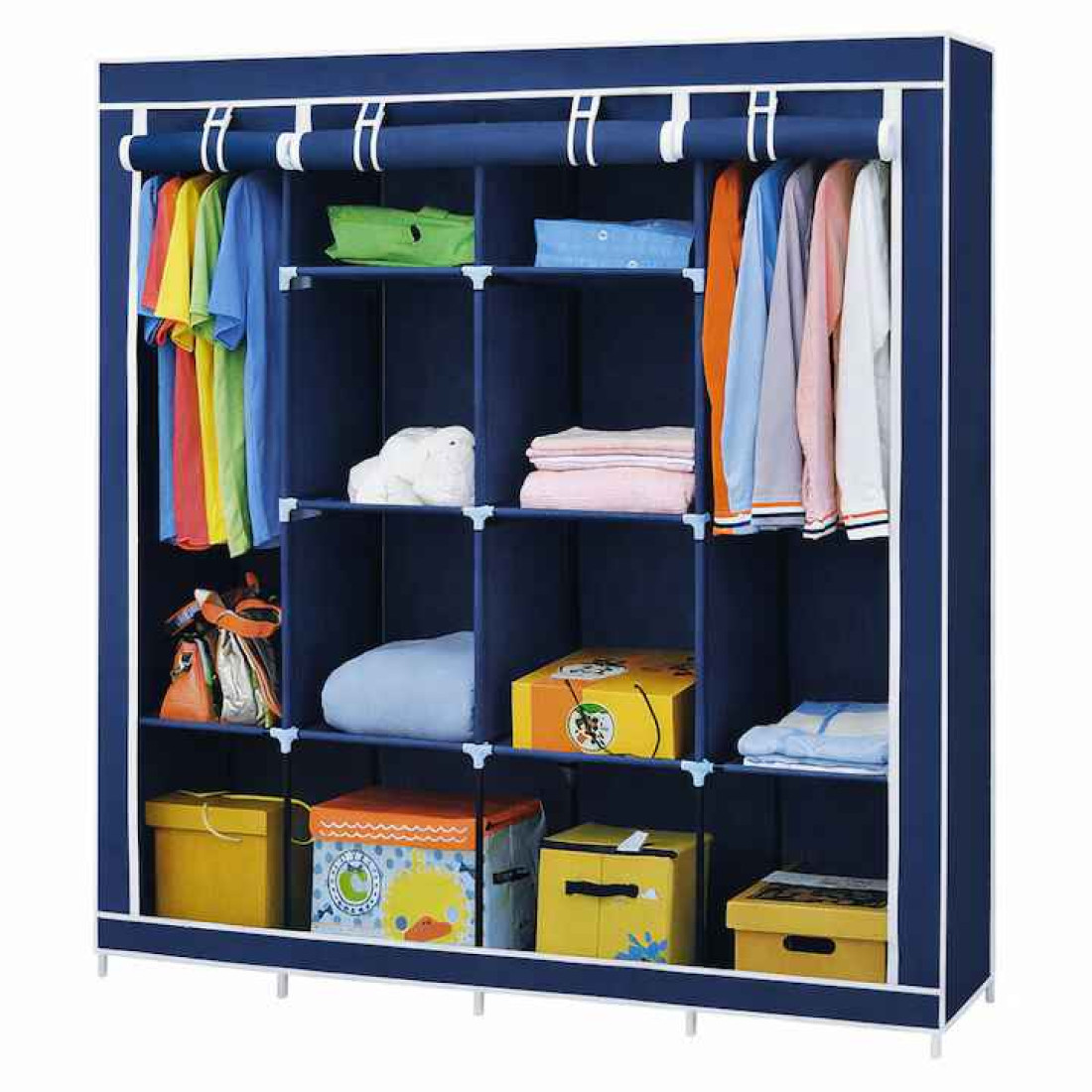 Dulap textil portabil pentru imbracaminte cu 10 rafturi de depozitare, 2 sectiuni pentru umerase, 170X45X170, Albastru