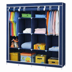 Dulap textil portabil pentru imbracaminte cu 10 rafturi de depozitare, 2 sectiuni pentru umerase, 170X45X170, Albastru