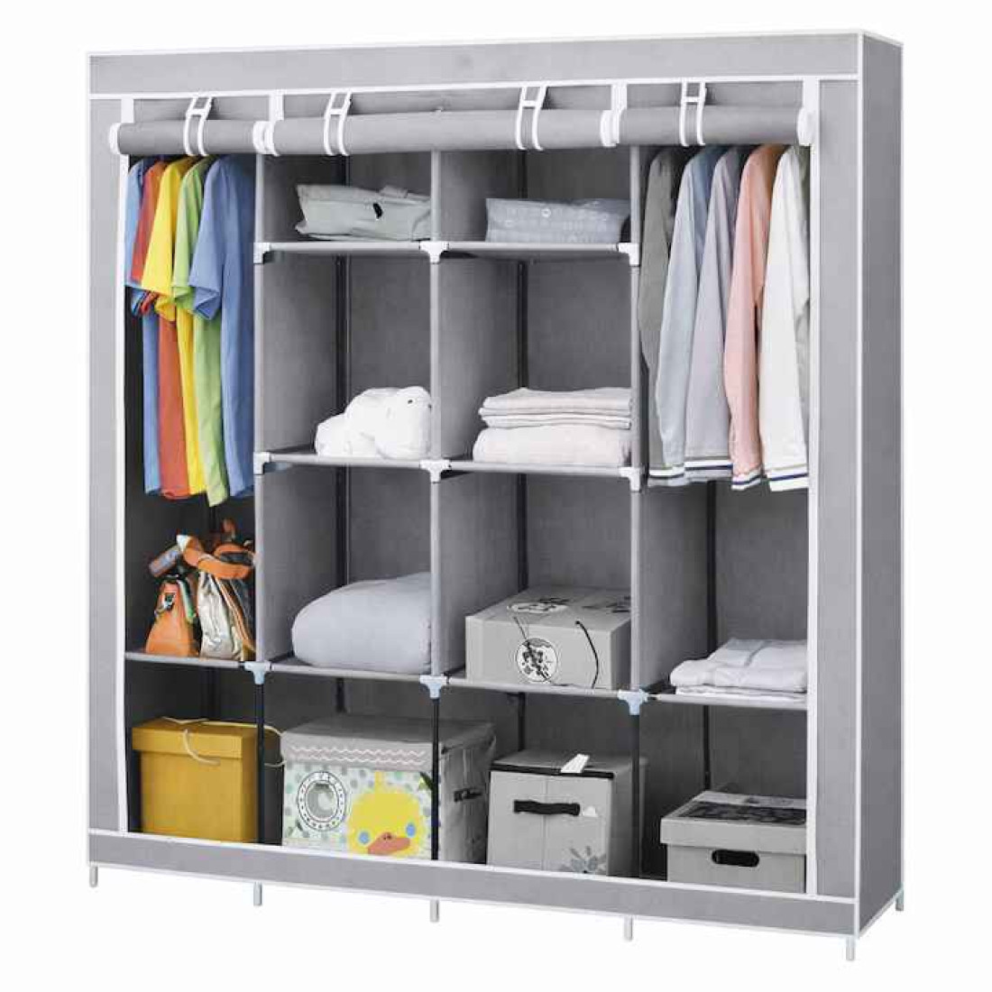 Dulap textil portabil pentru imbracaminte cu 10 rafturi de depozitare, 2 sectiuni pentru umerase, 170X45X170, Gri