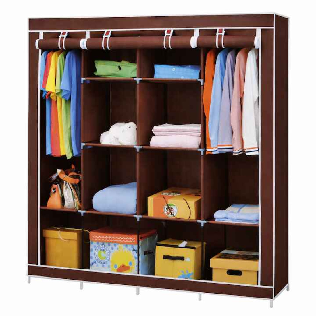 Dulap textil portabil pentru imbracaminte cu 10 rafturi de depozitare, 2 sectiuni pentru umerase, 170X45X170, Maro