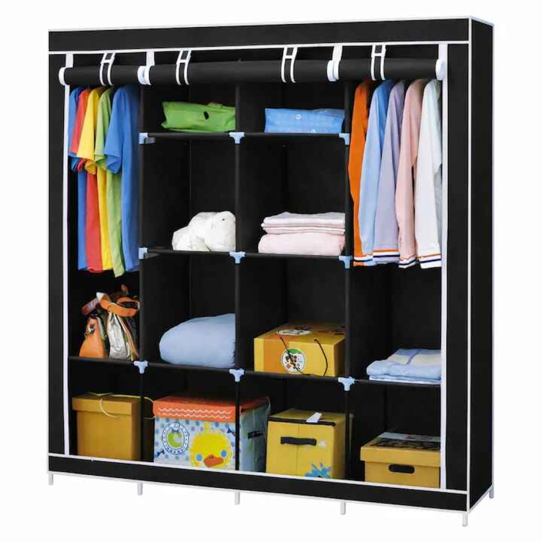 Dulap textil portabil pentru imbracaminte cu 10 rafturi de depozitare, 2 sectiuni pentru umerase, 170X45X170, Negru