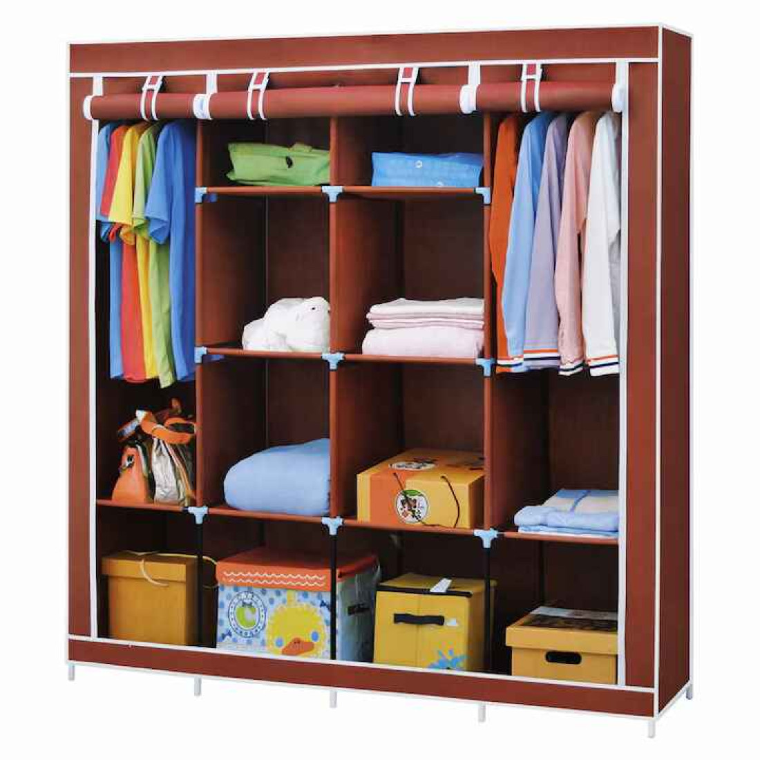 Dulap textil portabil pentru imbracaminte cu 10 rafturi de depozitare, 2 sectiuni pentru umerase, 170X45X170, Rosu