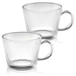 Set 2 cani largi, 380 ml, transparente cu design striat si maner, perfecte pentru mic dejun, desert, cafea, 10 x 8 cm