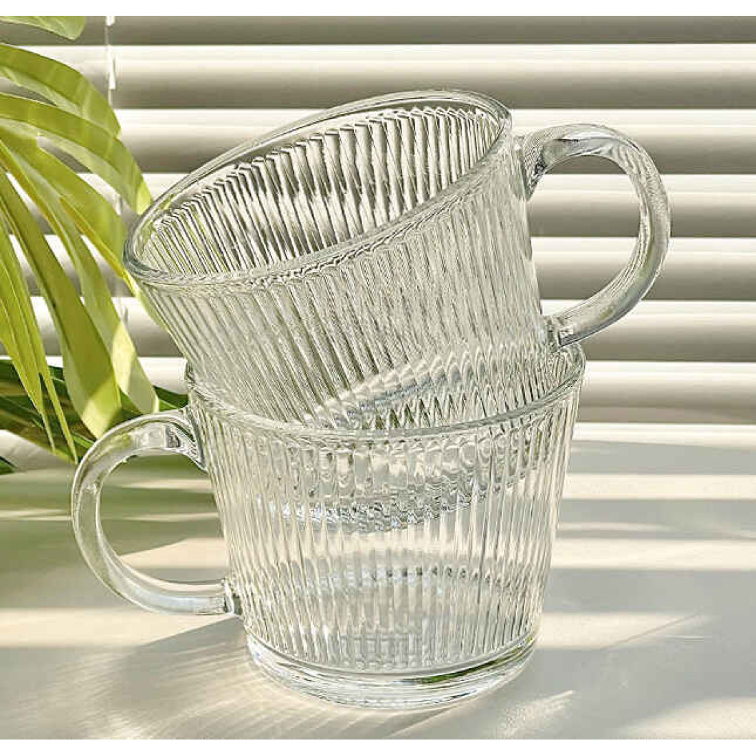 Set 2 cani largi, 380 ml, transparente cu design striat si maner, perfecte pentru mic dejun, desert, cafea, 10 x 8 cm