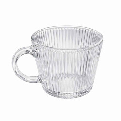 Set 2 cani largi, 380 ml, transparente cu design striat si maner, perfecte pentru mic dejun, desert, cafea, 10 x 8 cm