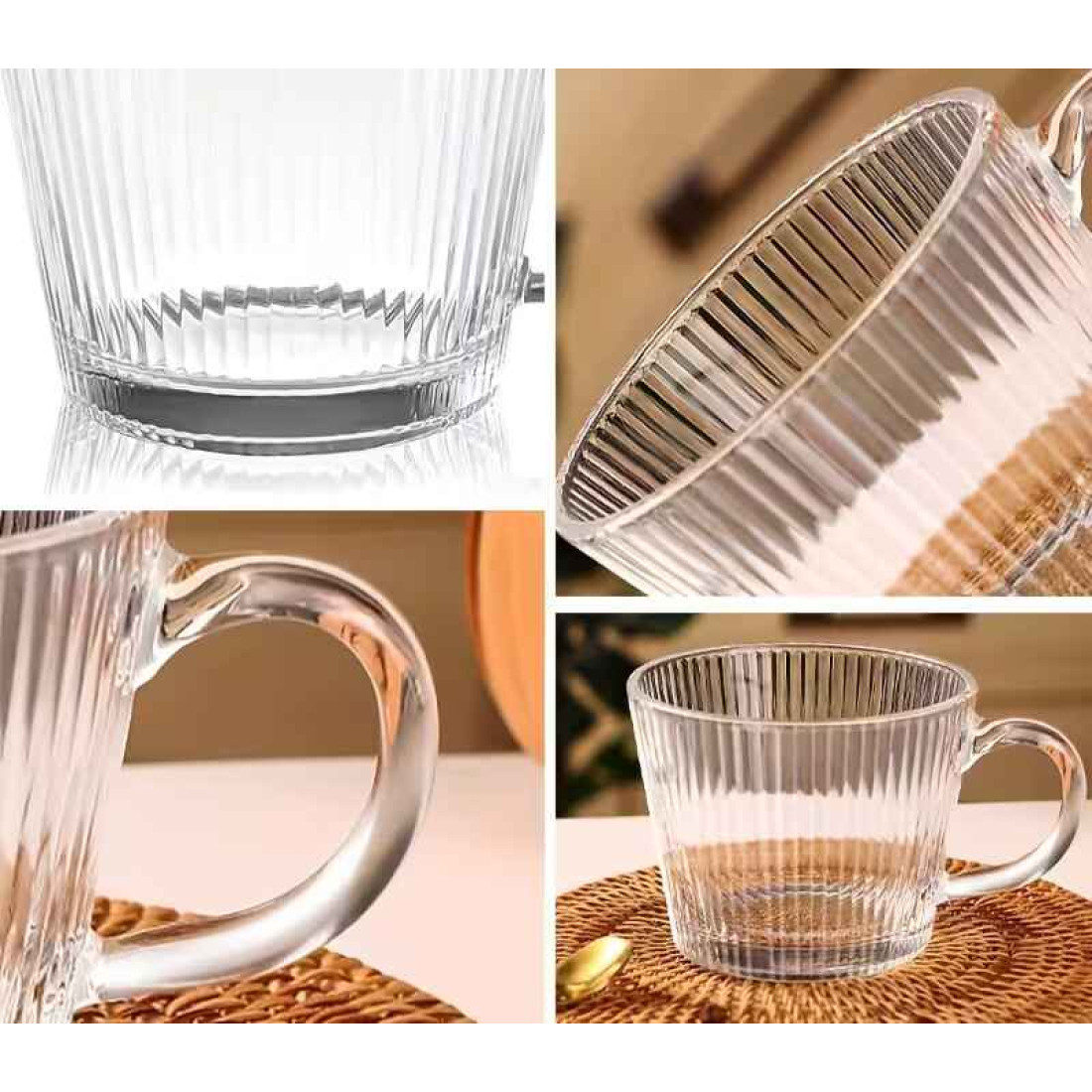 Set 2 cani largi, 380 ml, transparente cu design striat si maner, perfecte pentru mic dejun, desert, cafea, 10 x 8 cm