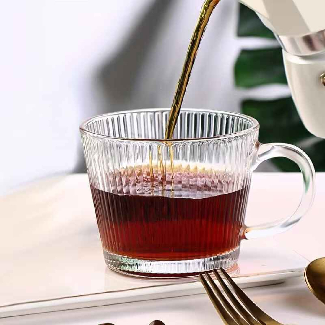 Set 2 cani largi, 380 ml, transparente cu design striat si maner, perfecte pentru mic dejun, desert, cafea, 10 x 8 cm