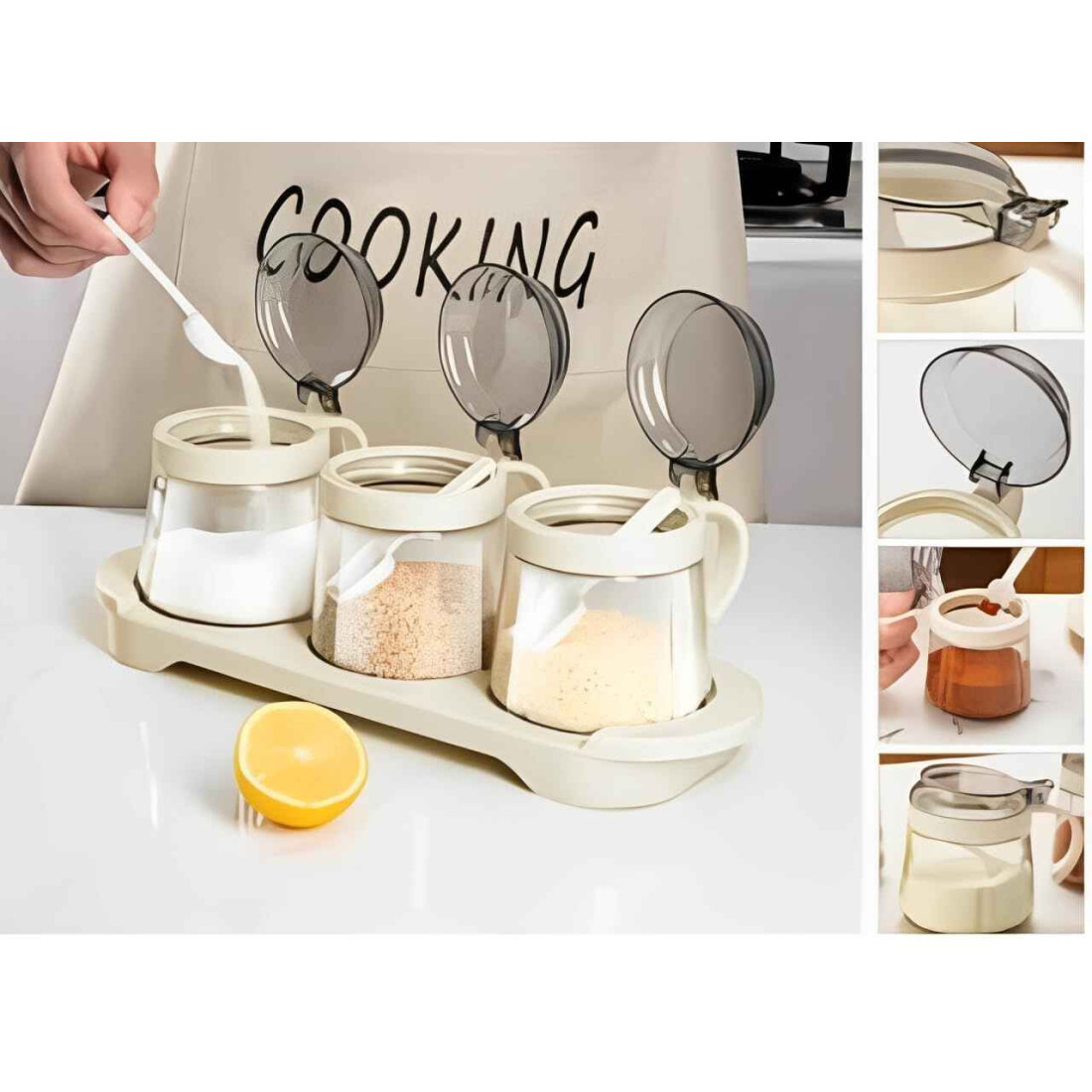 Set 3 recipiente din sticla pentru condimente, 3 x 400 ml, design elegant, capace etanse, organizare bucatarie, depozitare sigura
