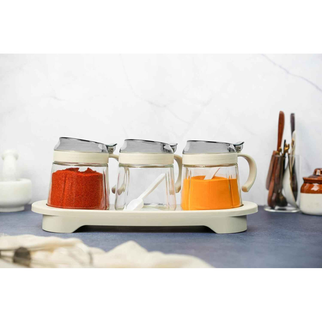 Set 3 recipiente din sticla pentru condimente, 3 x 400 ml, design elegant, capace etanse, organizare bucatarie, depozitare sigura