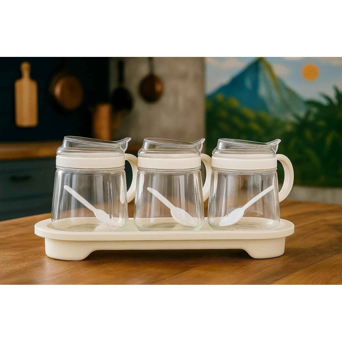 Set 3 recipiente din sticla pentru condimente, 3 x 400 ml, design elegant, capace etanse, organizare bucatarie, depozitare sigura