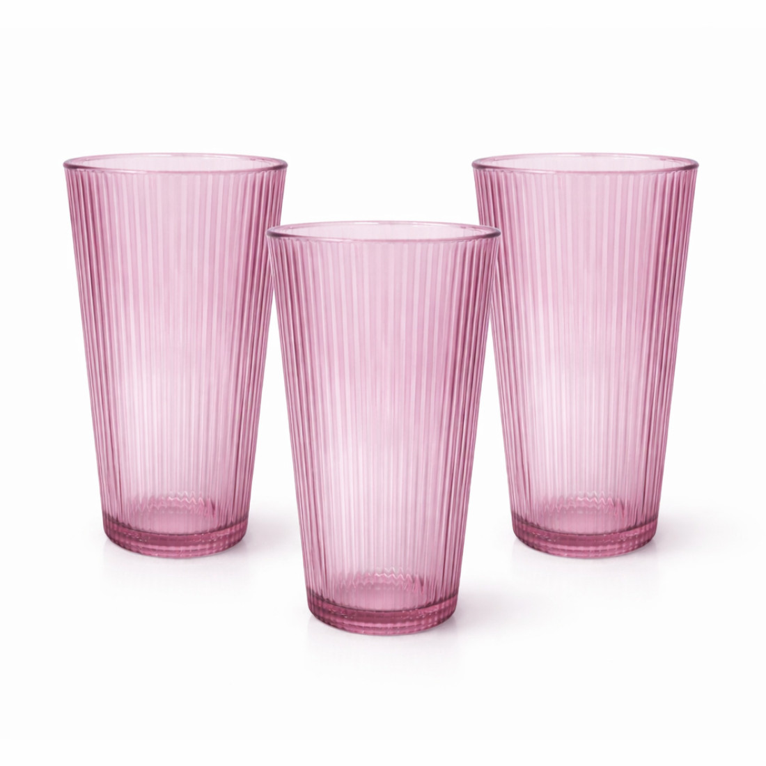 Set 3 pahare din sticla roz, 280 ml, design striat, 6 x 14 cm