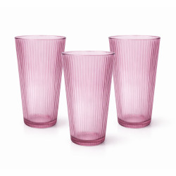 Set 3 pahare din sticla roz, 280 ml, design striat, 6 x 14 cm