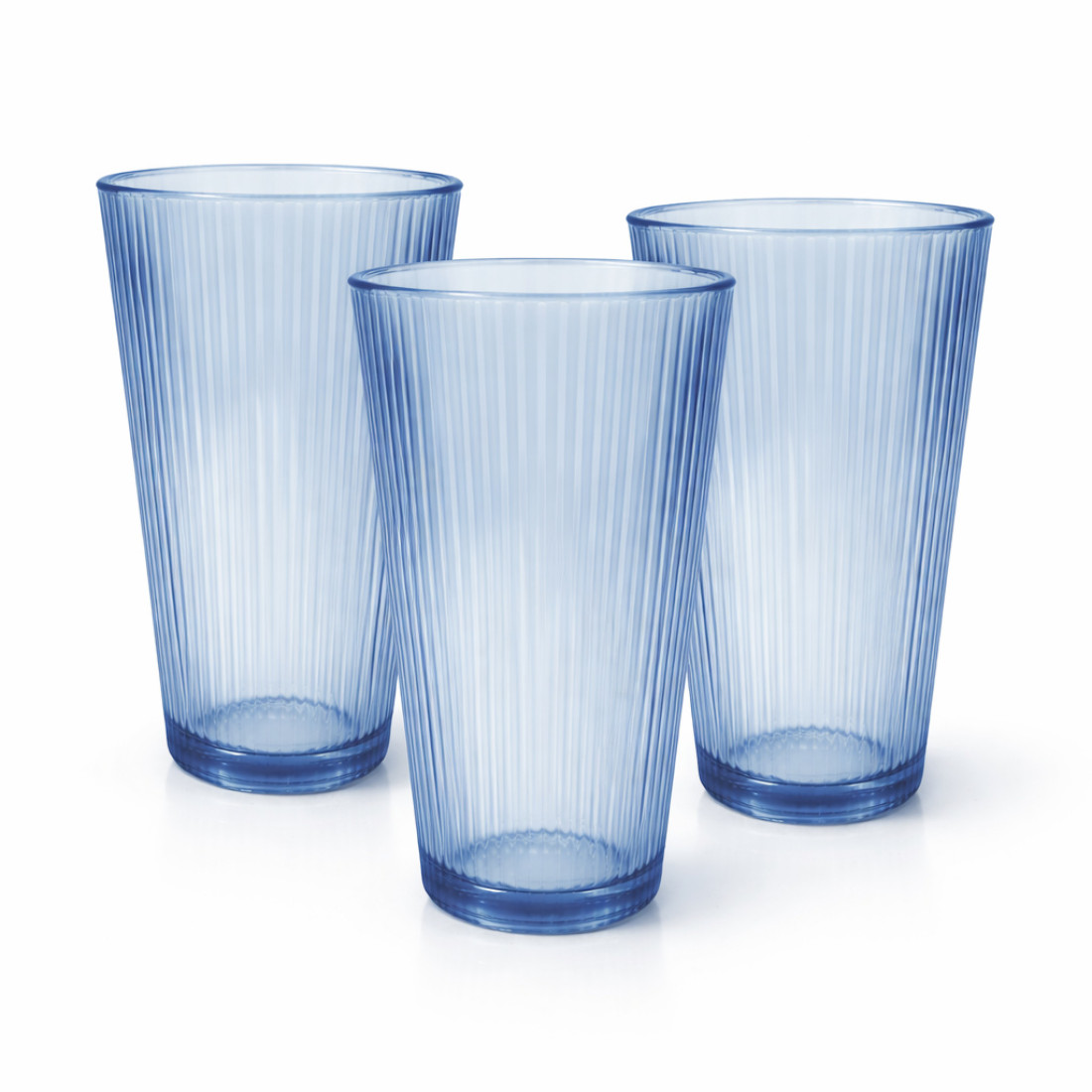  Set 3 pahare din sticla albastre, 280 ml, design striat, 6 x 14 cm