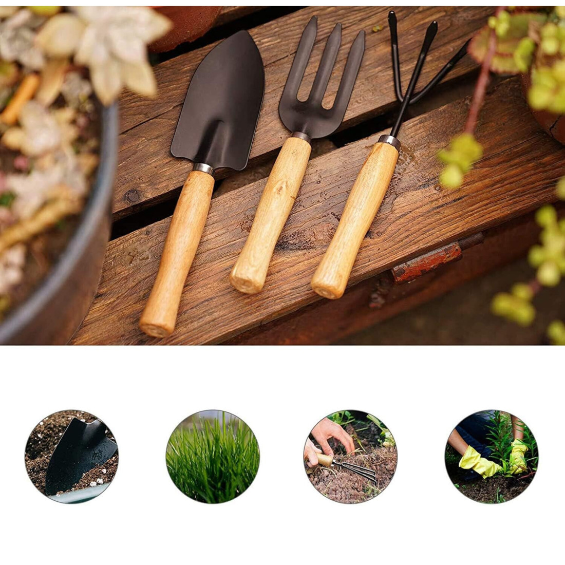 Set 3 ustensile de gradinarit, maner din lemn, lame din fier, 25 cm