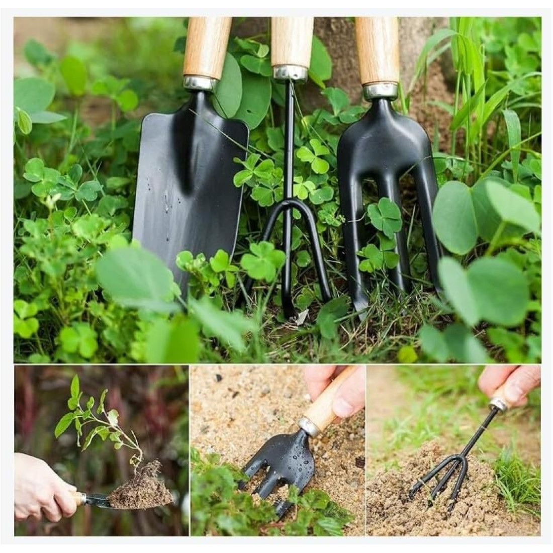 Set 3 ustensile de gradinarit, maner din lemn, lame din fier, 25 cm