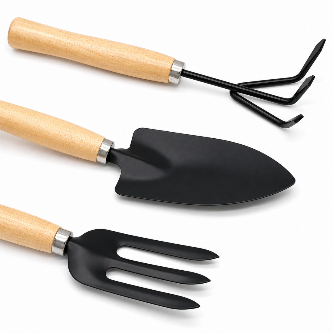 Set 3 ustensile de gradinarit, maner din lemn, lame din fier, 25 cm