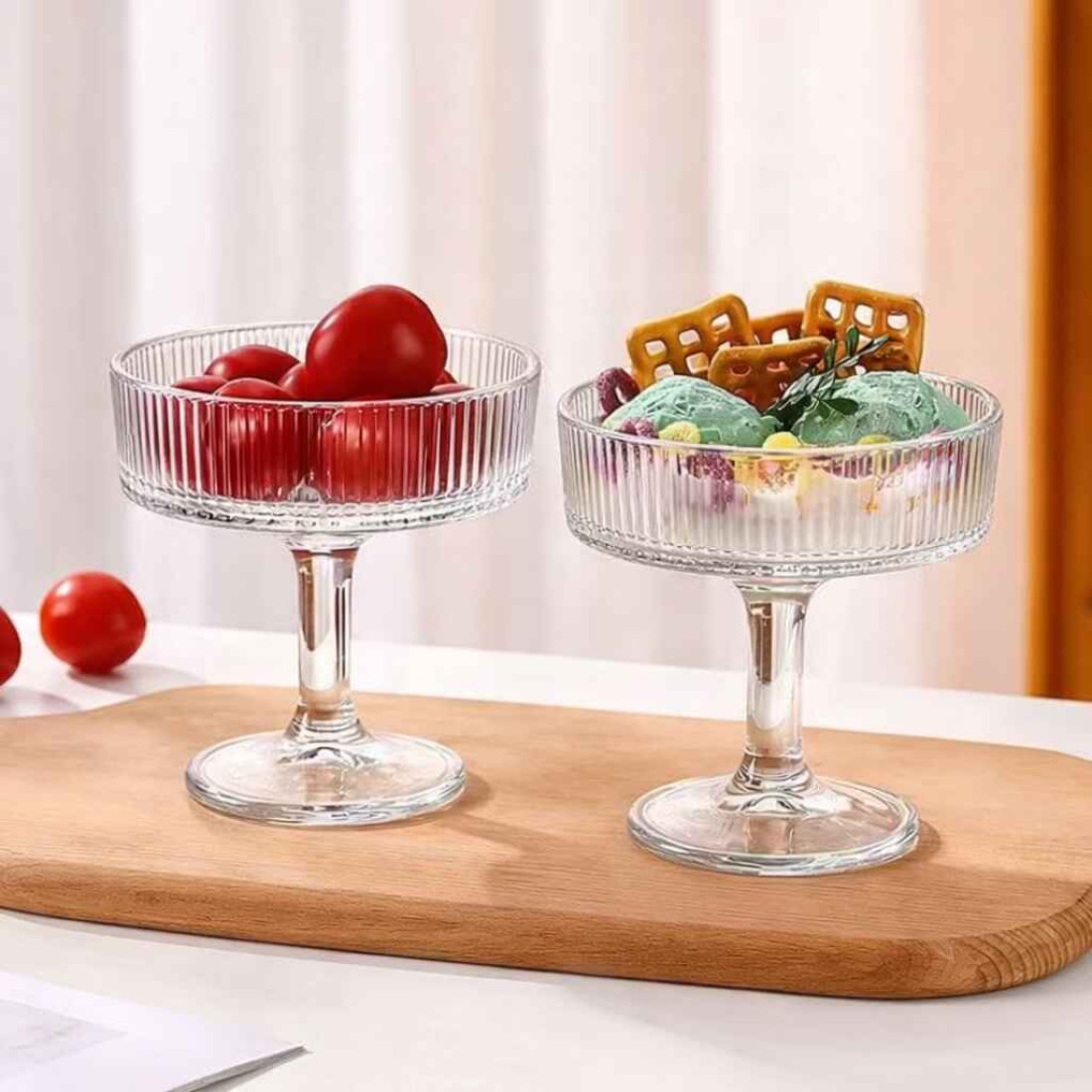 Set 6 cupe cu picior elegante din sticla multifunctionale pentru servire desert, inghetata, fructe 10 cm diametru, 10 cm inaltime