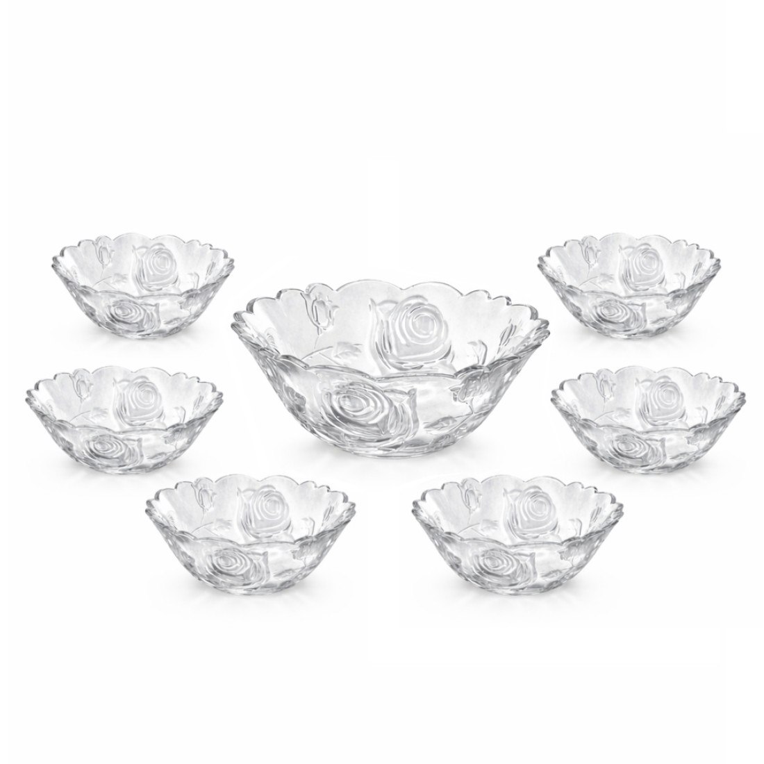 Set 7 boluri sticla, 1 bol mare 1500 ml (22 x 9cm), 6 boluri mici 260 ml (12 x 5cm), design elegant floral