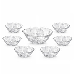 Set 7 boluri sticla, 1 bol mare 1500 ml (22 x 9cm), 6 boluri mici 260 ml (12 x 5cm), design elegant floral