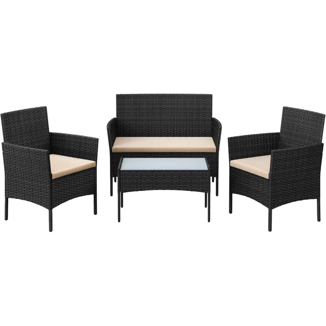 Set mobilier de gradina/terasa, 4 piese, doua scaune tip fotoliu, o canapea si o masuta de cafea, aspect ratan, perne