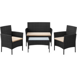 Set mobilier de gradina/terasa, 4 piese, doua scaune tip fotoliu, o canapea si o masuta de cafea, aspect ratan, perne