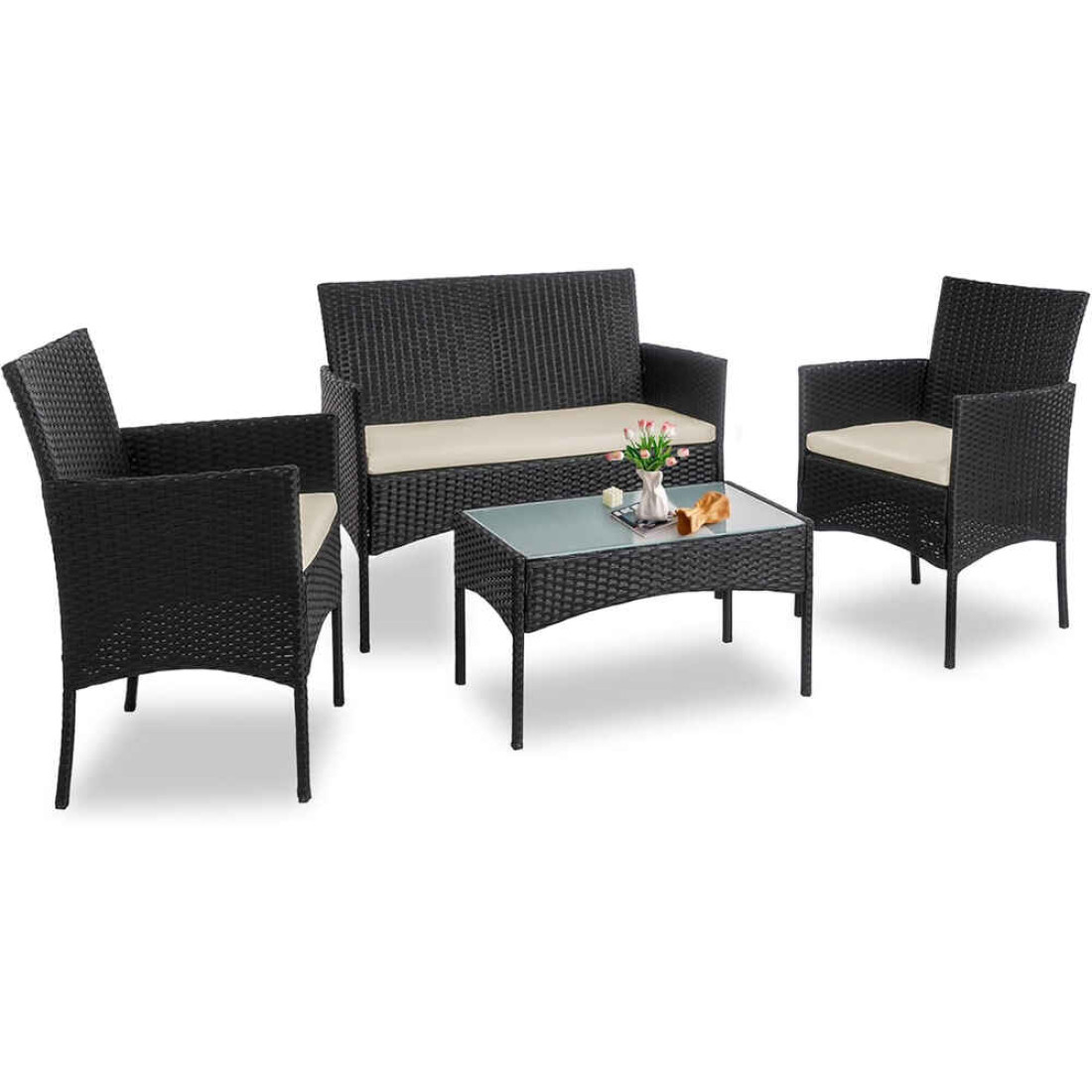 Set mobilier de gradina/terasa, 4 piese, doua scaune tip fotoliu, o canapea si o masuta de cafea, aspect ratan, perne