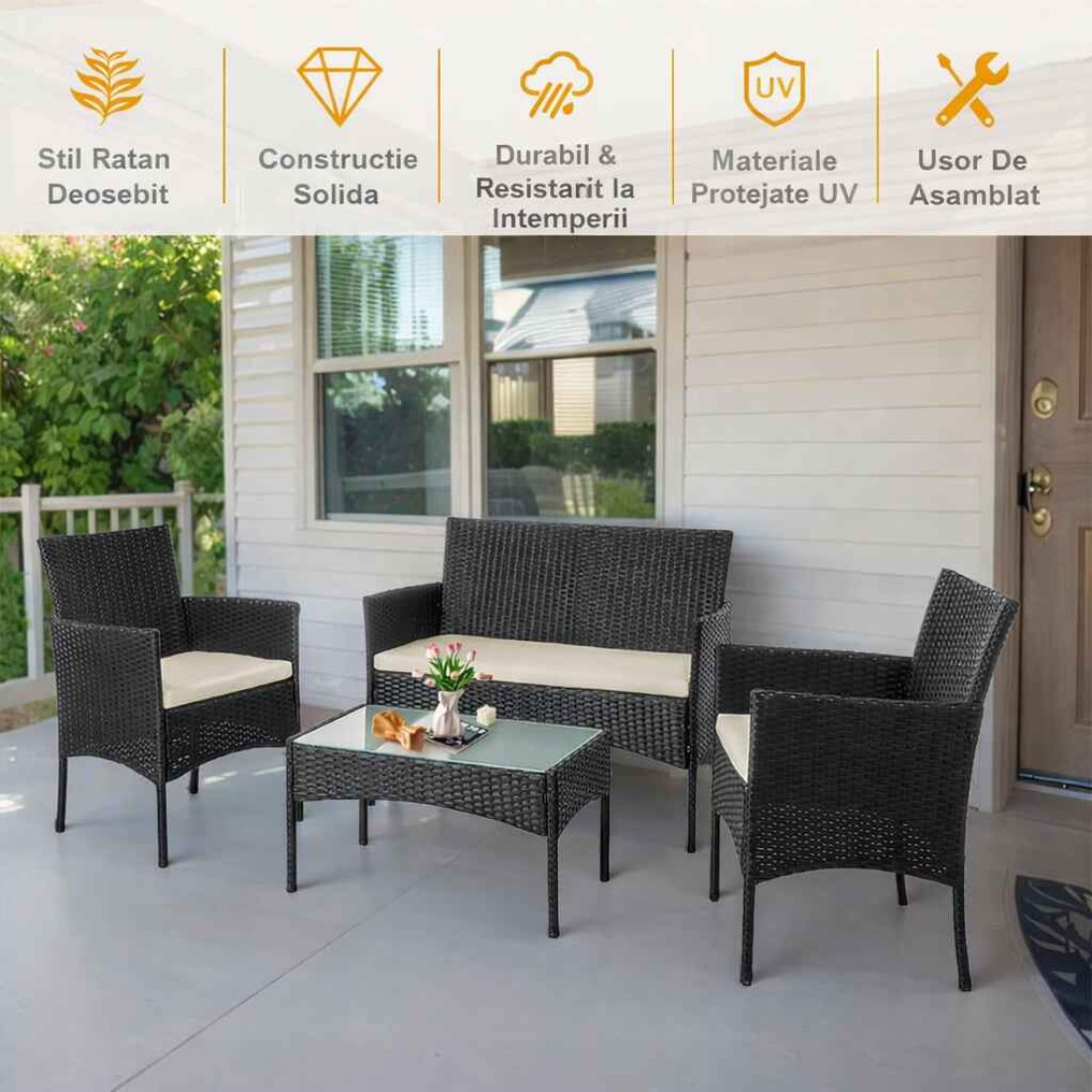 Set mobilier de gradina/terasa, 4 piese, doua scaune tip fotoliu, o canapea si o masuta de cafea, aspect ratan, perne