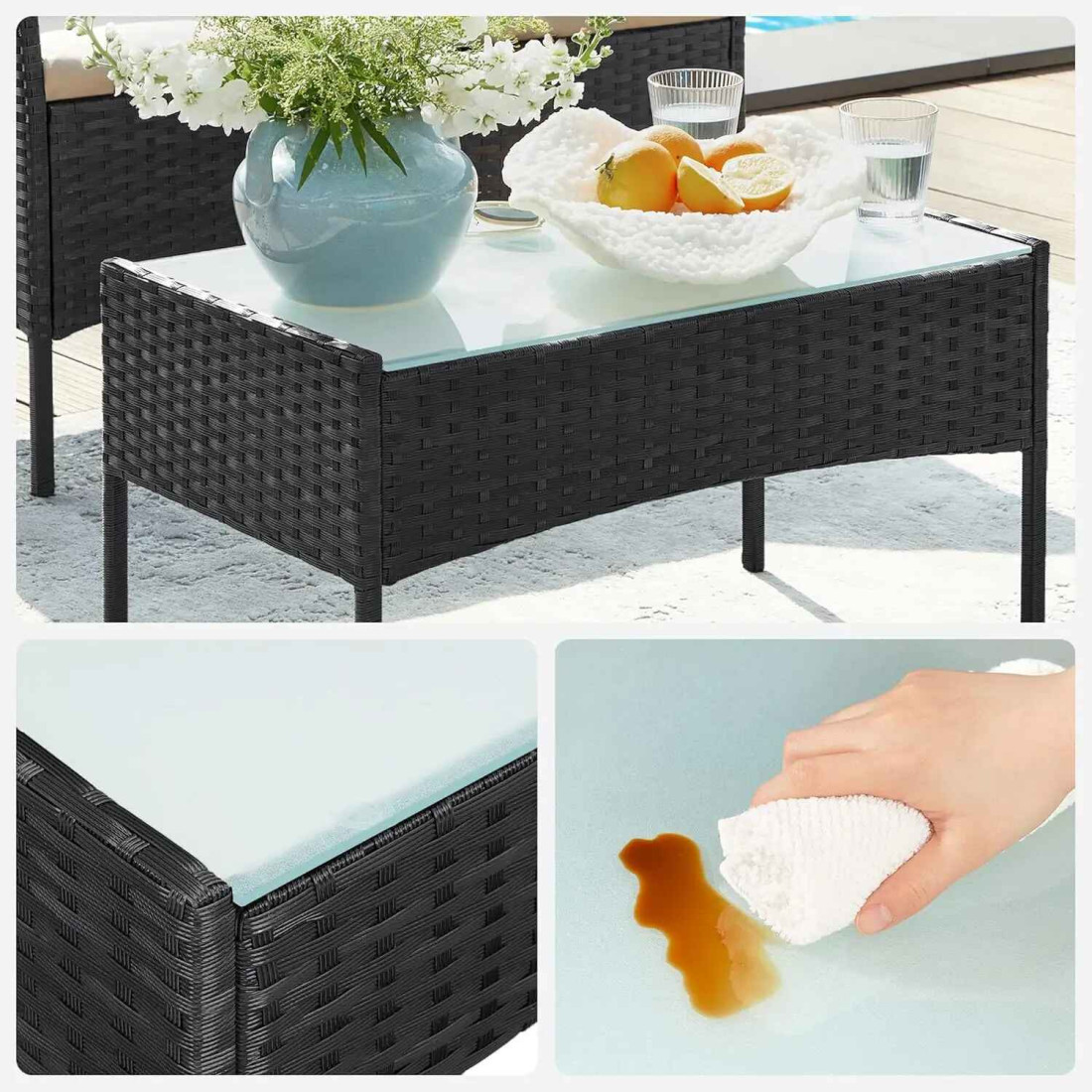 Set mobilier de gradina/terasa, 4 piese, doua scaune tip fotoliu, o canapea si o masuta de cafea, aspect ratan, perne