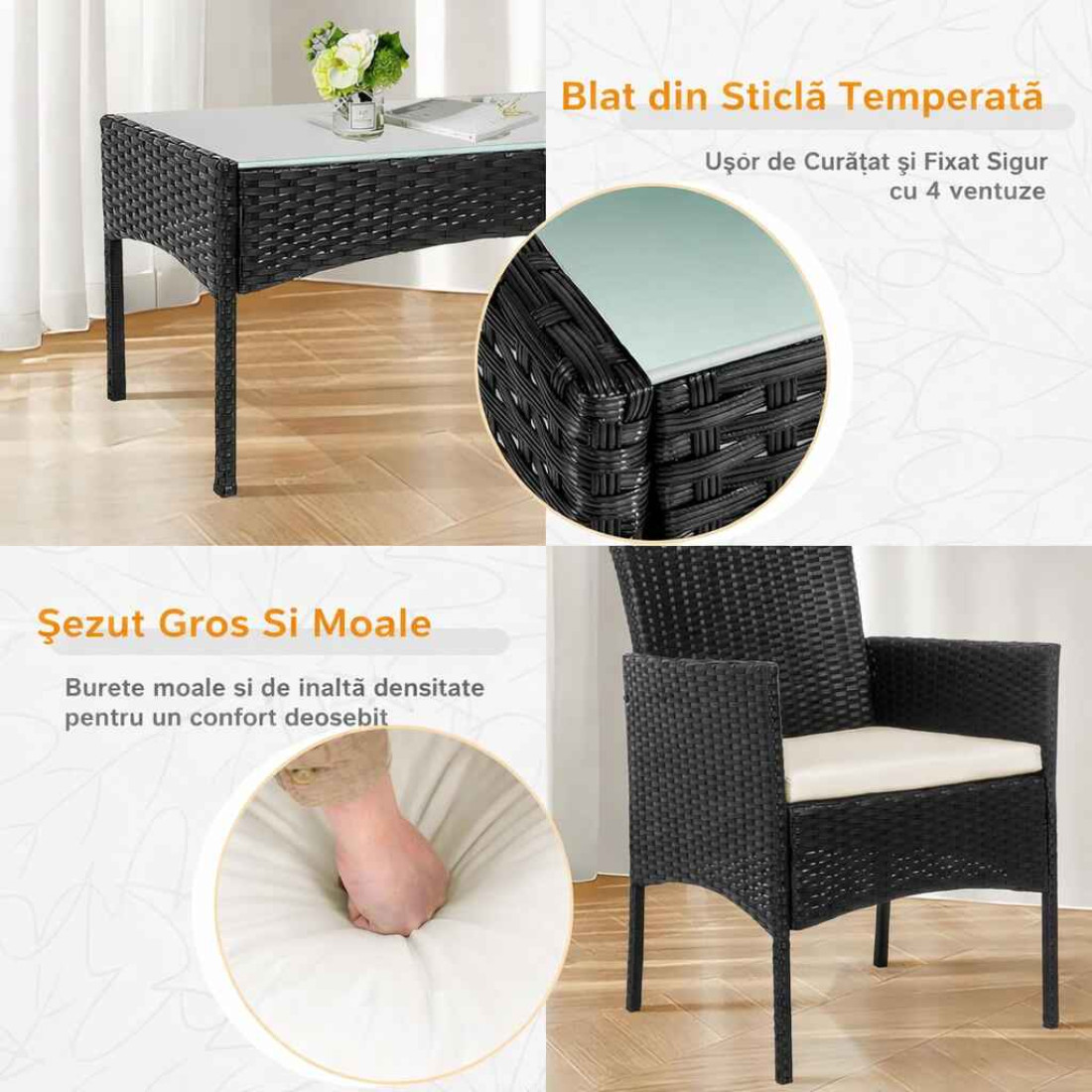 Set mobilier de gradina/terasa, 4 piese, doua scaune tip fotoliu, o canapea si o masuta de cafea, aspect ratan, perne
