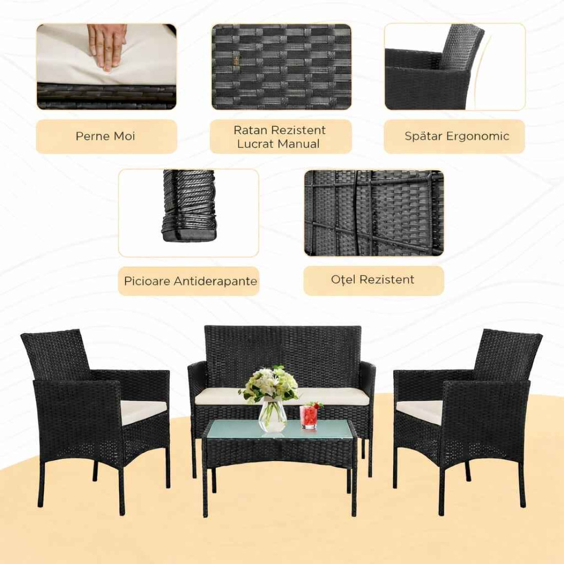 Set mobilier de gradina/terasa, 4 piese, doua scaune tip fotoliu, o canapea si o masuta de cafea, aspect ratan, perne